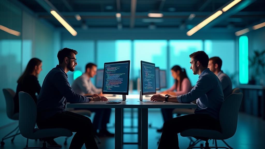Modern tech workspace at AnkaTech Solutions with team collaboration