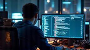 Software developer at workstation with code on screen