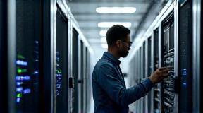 Technician managing servers in server room